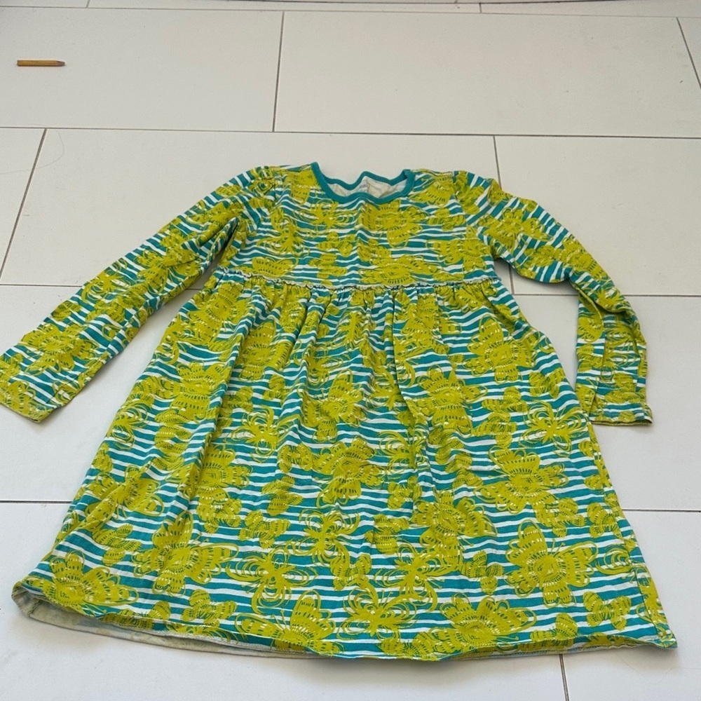 LL bean Green and Yellow Striped Long Sleeve Dress 8 cotton Butterfy